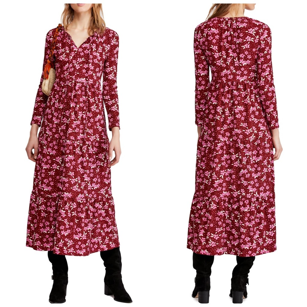 Free People Tiers of Joy Dress Floral Burgundy SMALL